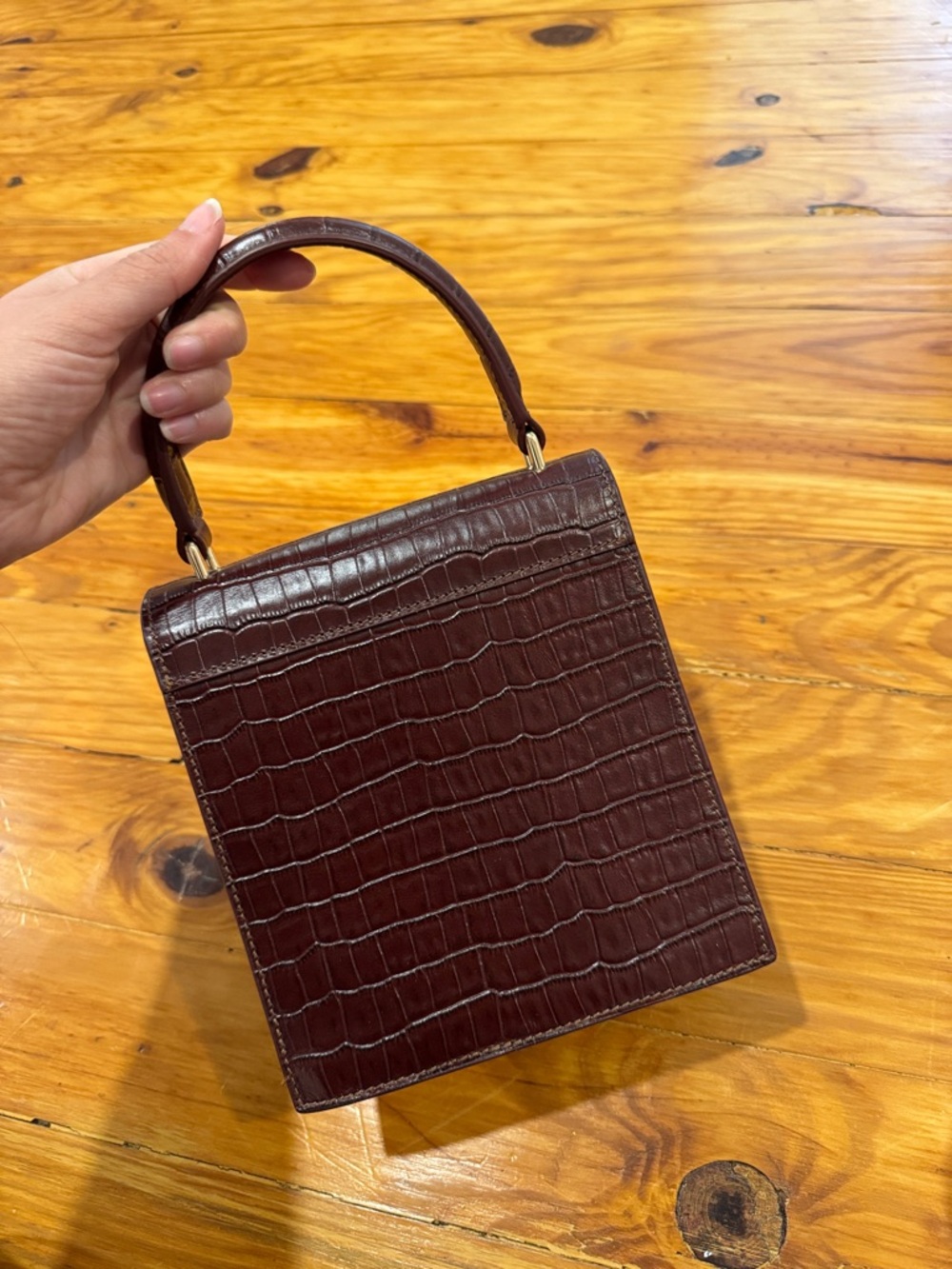 Structured Croc-Embossed Mini Top Handle Bag in Deep Burgundy, real leather - Picture 3 of 7
